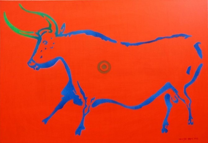 Cow from Lascaux (version II) 70x100 cm, acrylic and spray on canvas - WOODNS